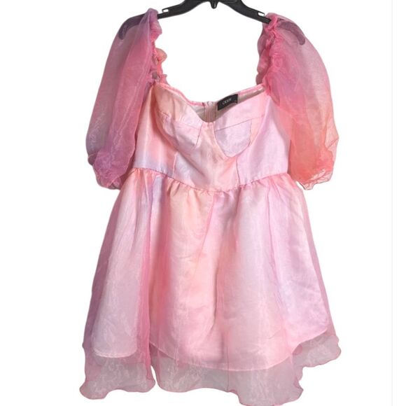 Cider Heart On Fire Pink Orange Ombre Sheer Tulle Poof Sleeve Mini Dress XL - Picture 4 of 6